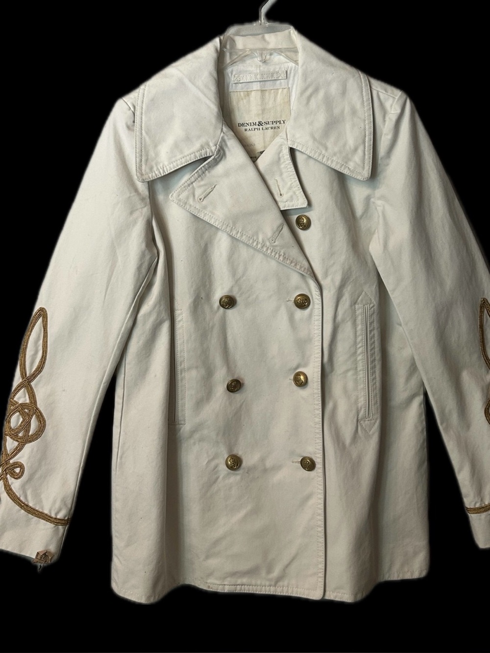 Denim & Supply Cream Double-Breasted Pea Coat with Gold Embroidery